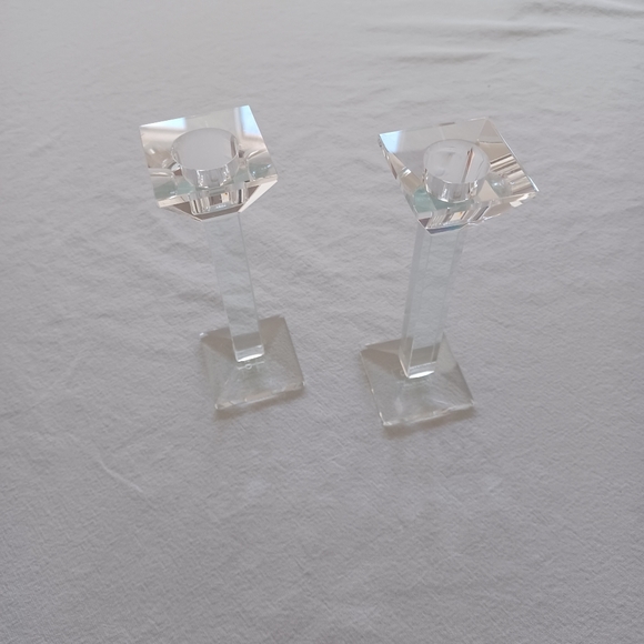 Set of 2 Crystal Glass Modern Square Candlesticks - Picture 3 of 10
